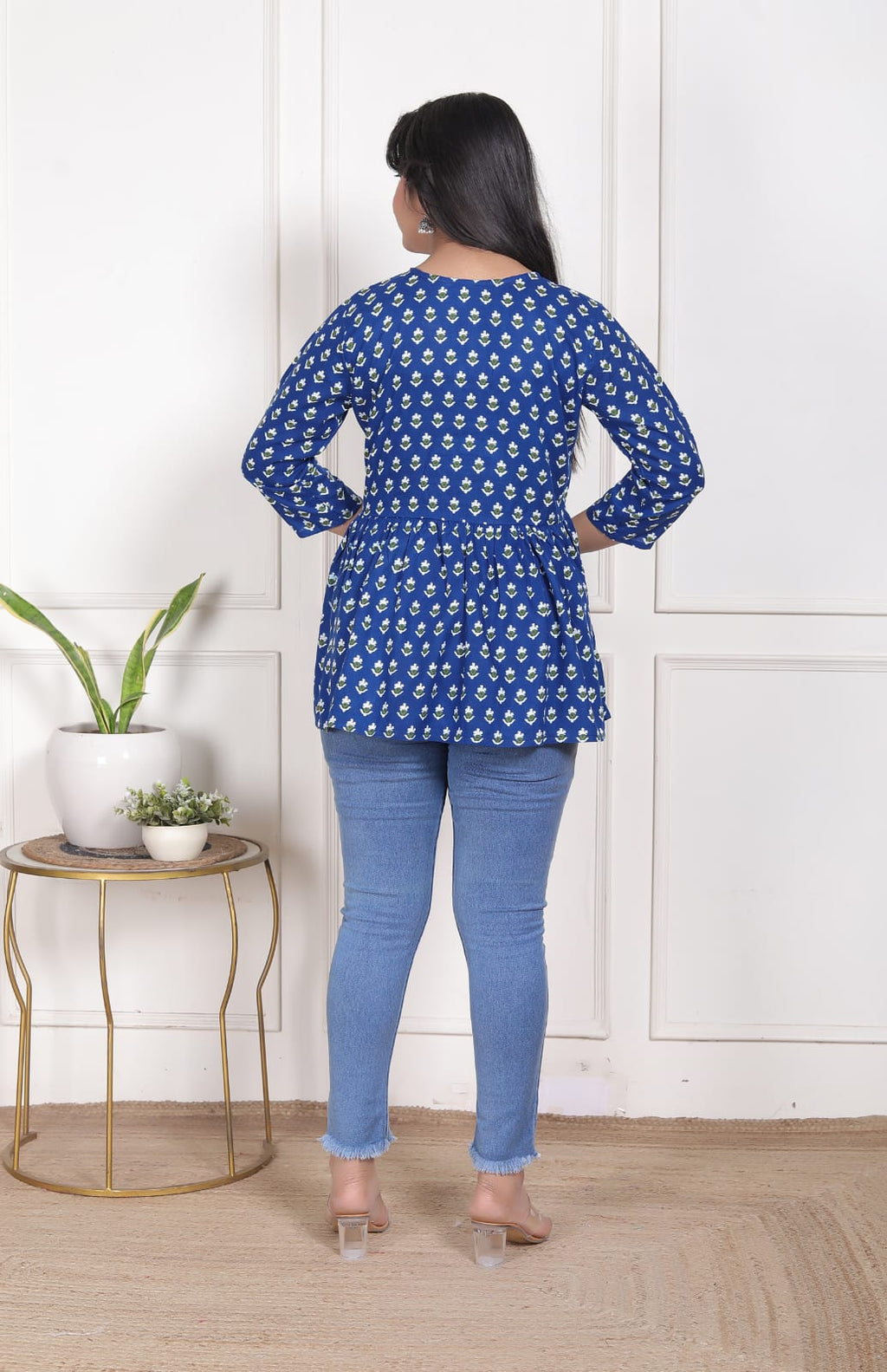 Blue Printed Flared Alia Cut Top