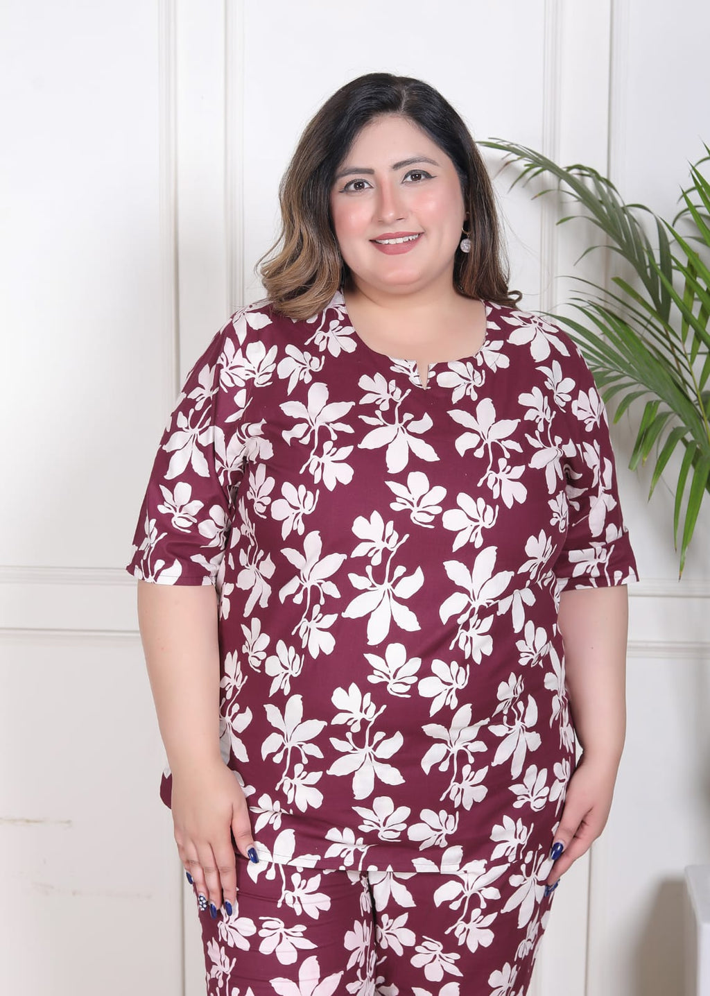Wine Plus Size Floral Printed Co-Ord Set