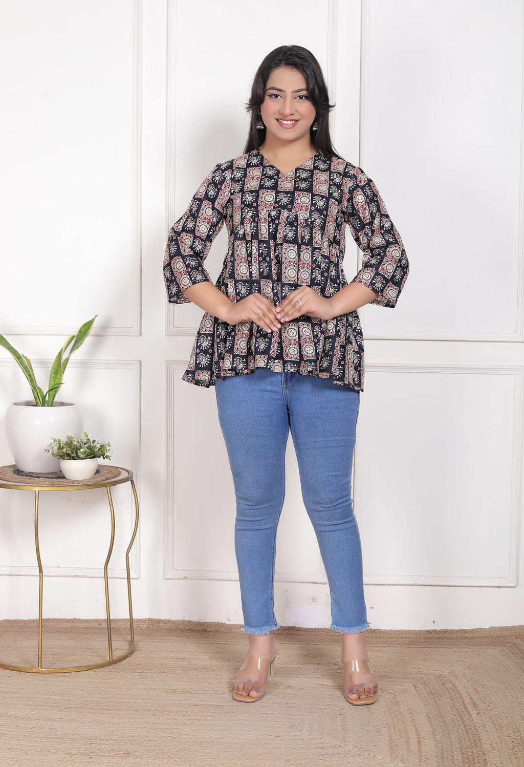 Black Printed Flared Alia Cut Top