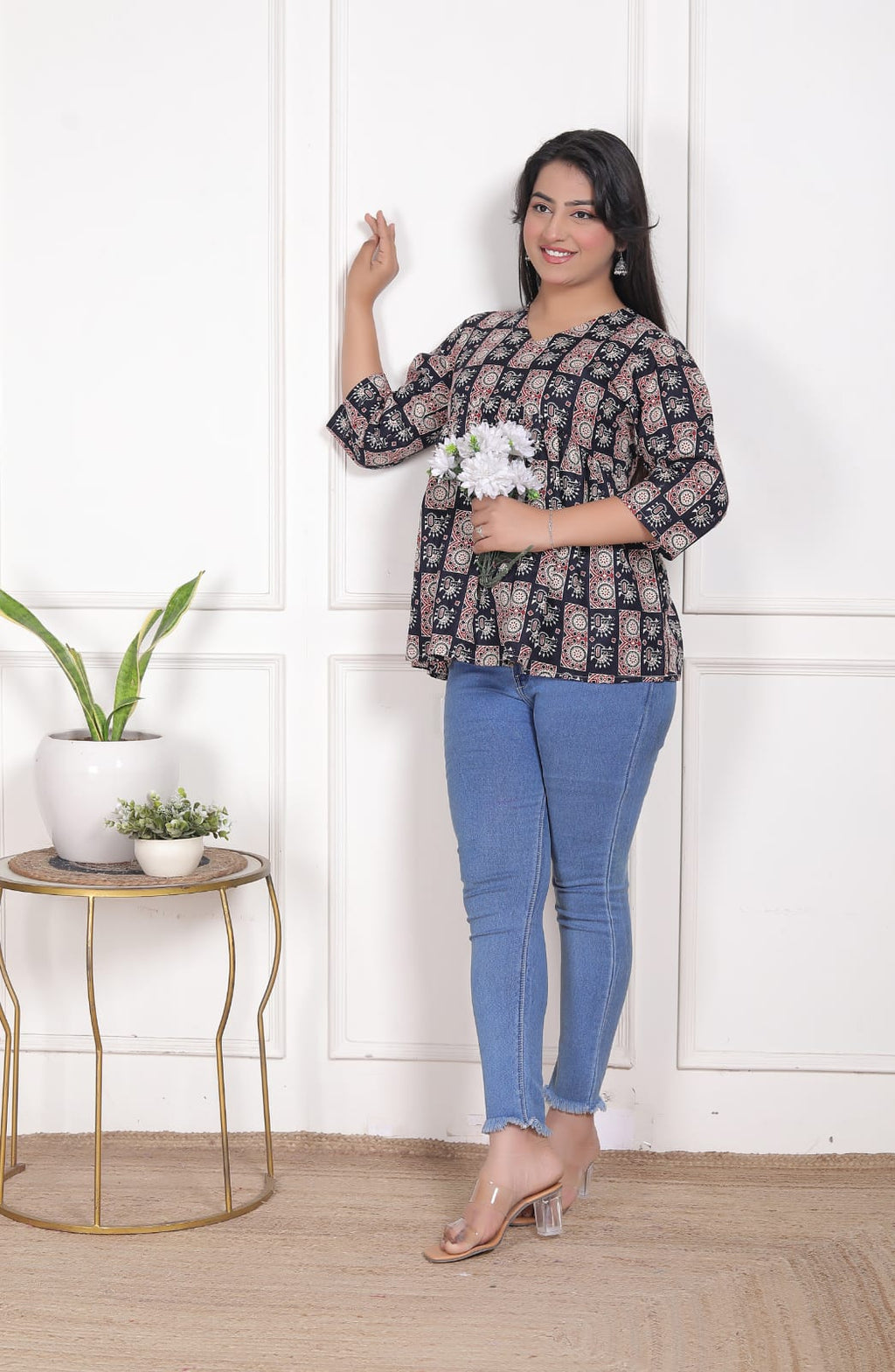 Black Printed Flared Alia Cut Top