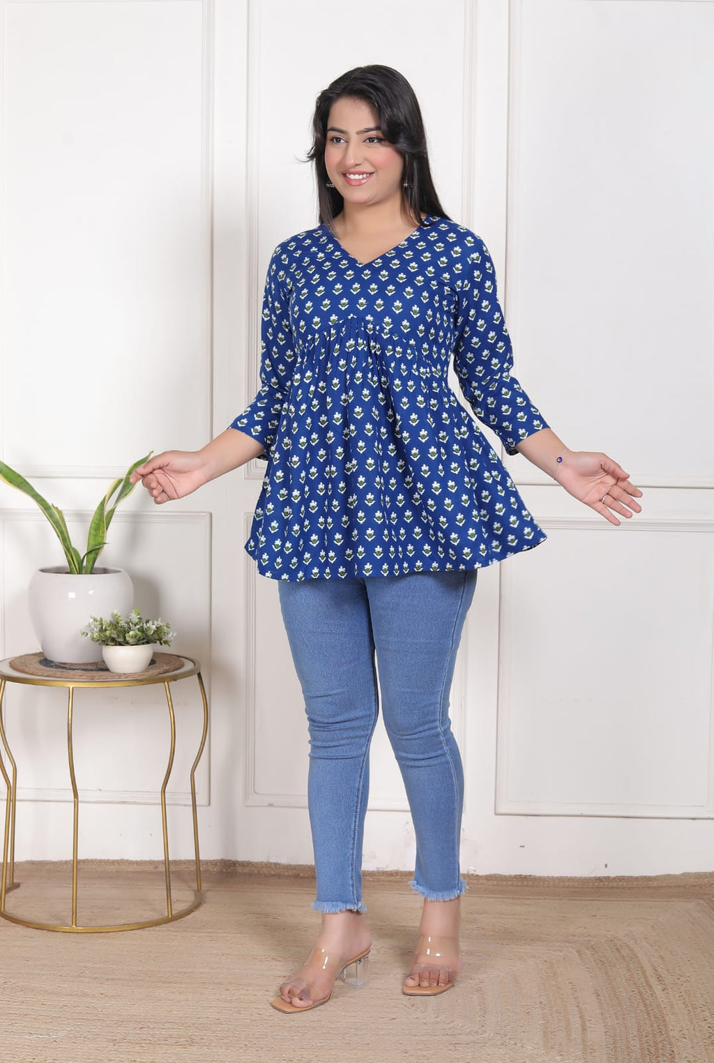 Blue Printed Flared Alia Cut Top