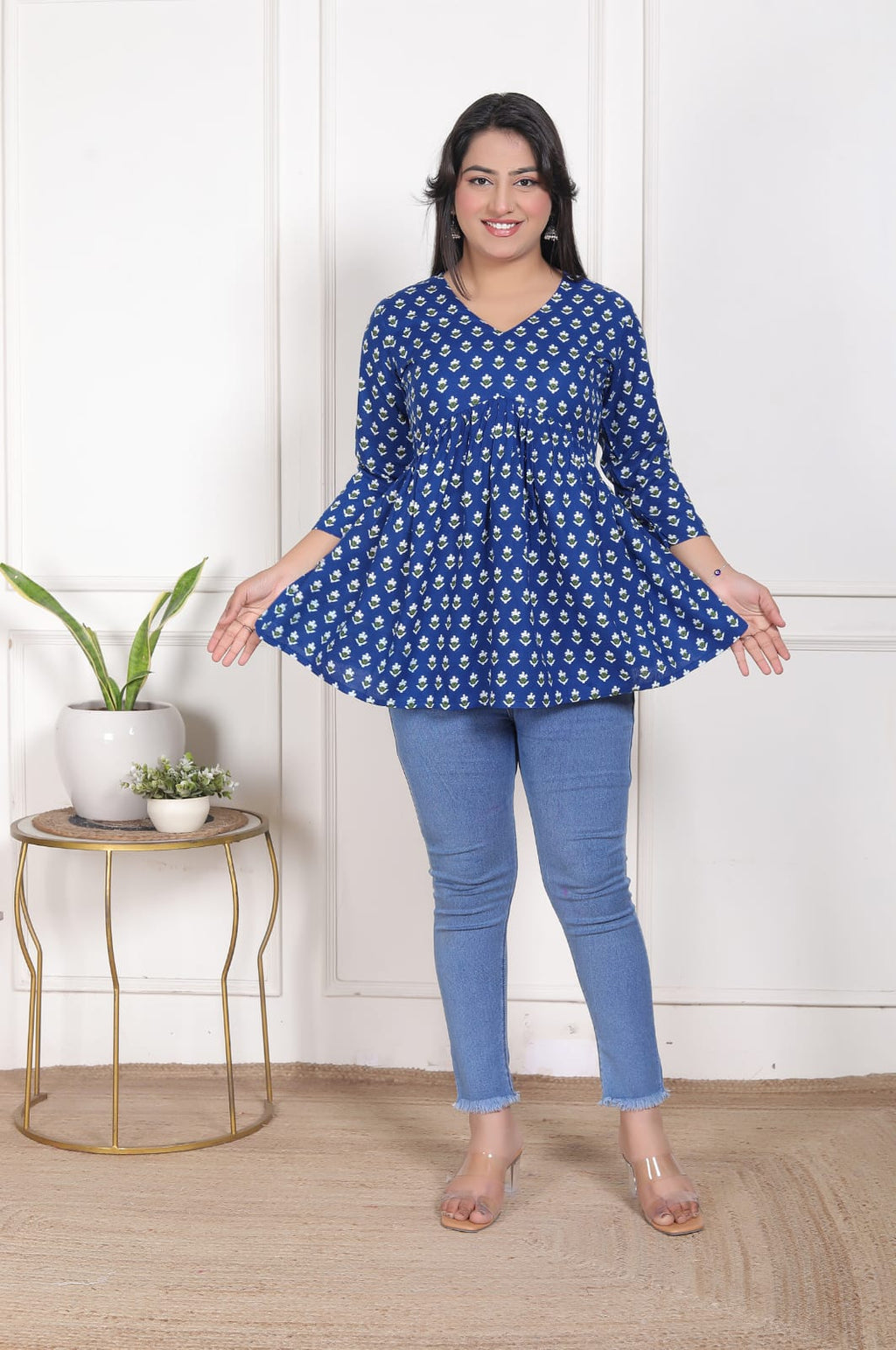 Blue Printed Flared Alia Cut Top