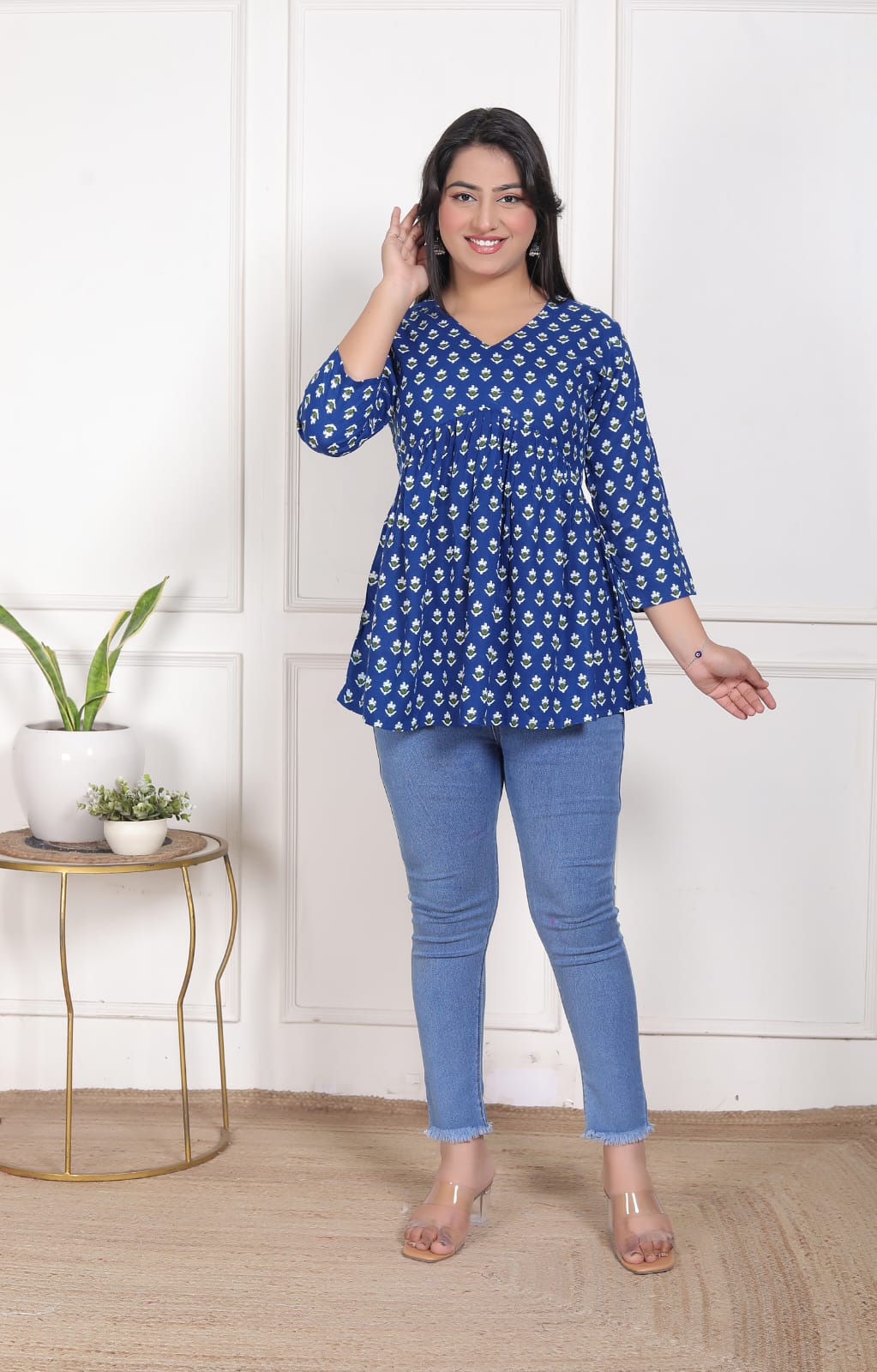 Blue Printed Flared Alia Cut Top