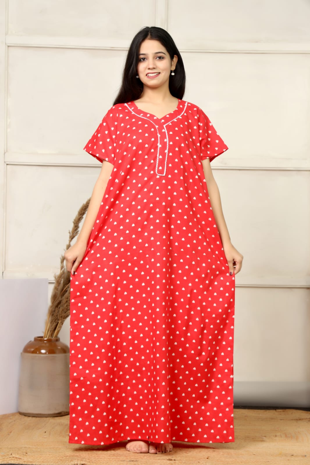 Red Cotton Printed Full Length Night Gown