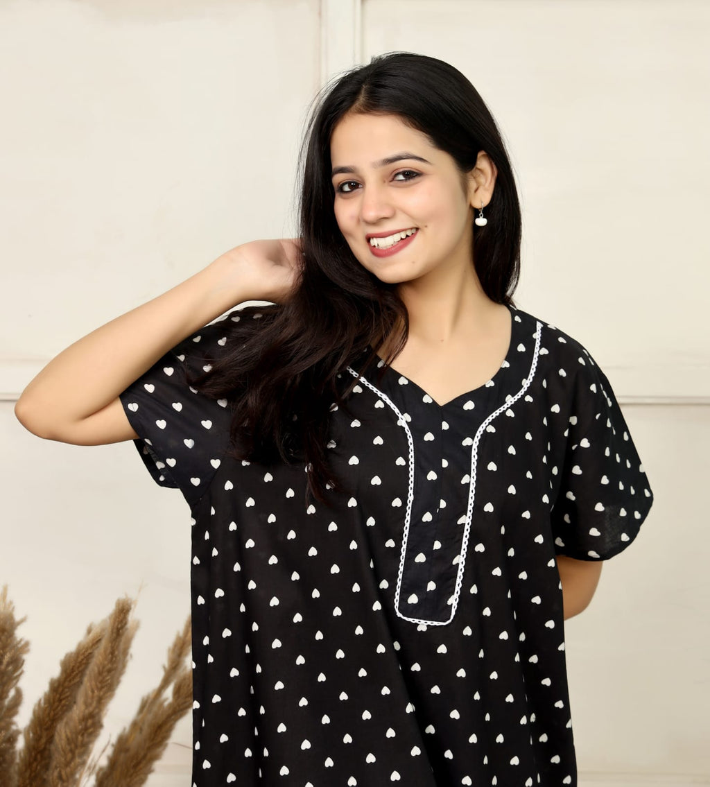 Black Cotton Printed Full Length Night Gown