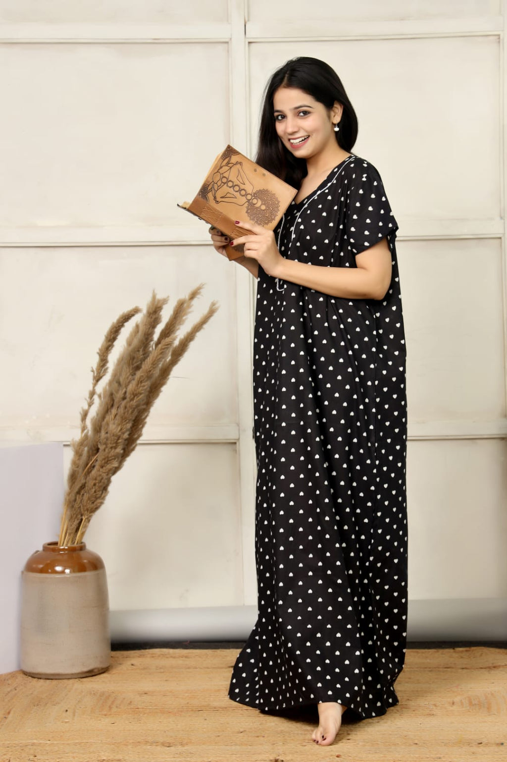 Black Cotton Printed Full Length Night Gown