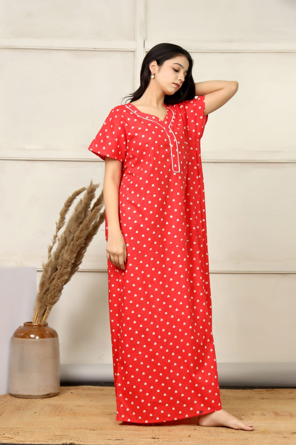 Red Cotton Printed Full Length Night Gown