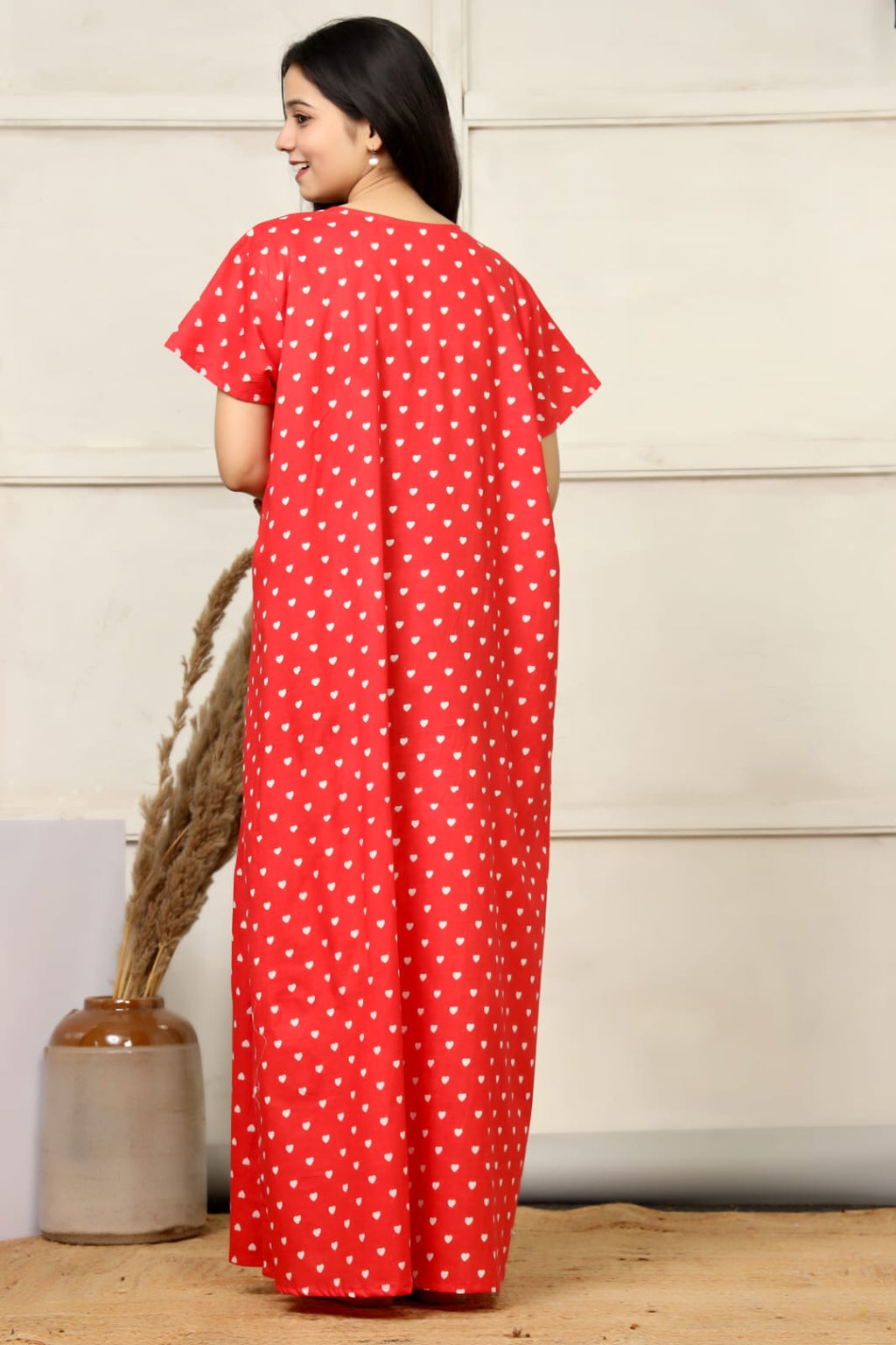 Red Cotton Printed Full Length Night Gown