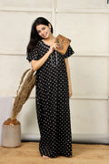 Black Cotton Printed Full Length Night Gown