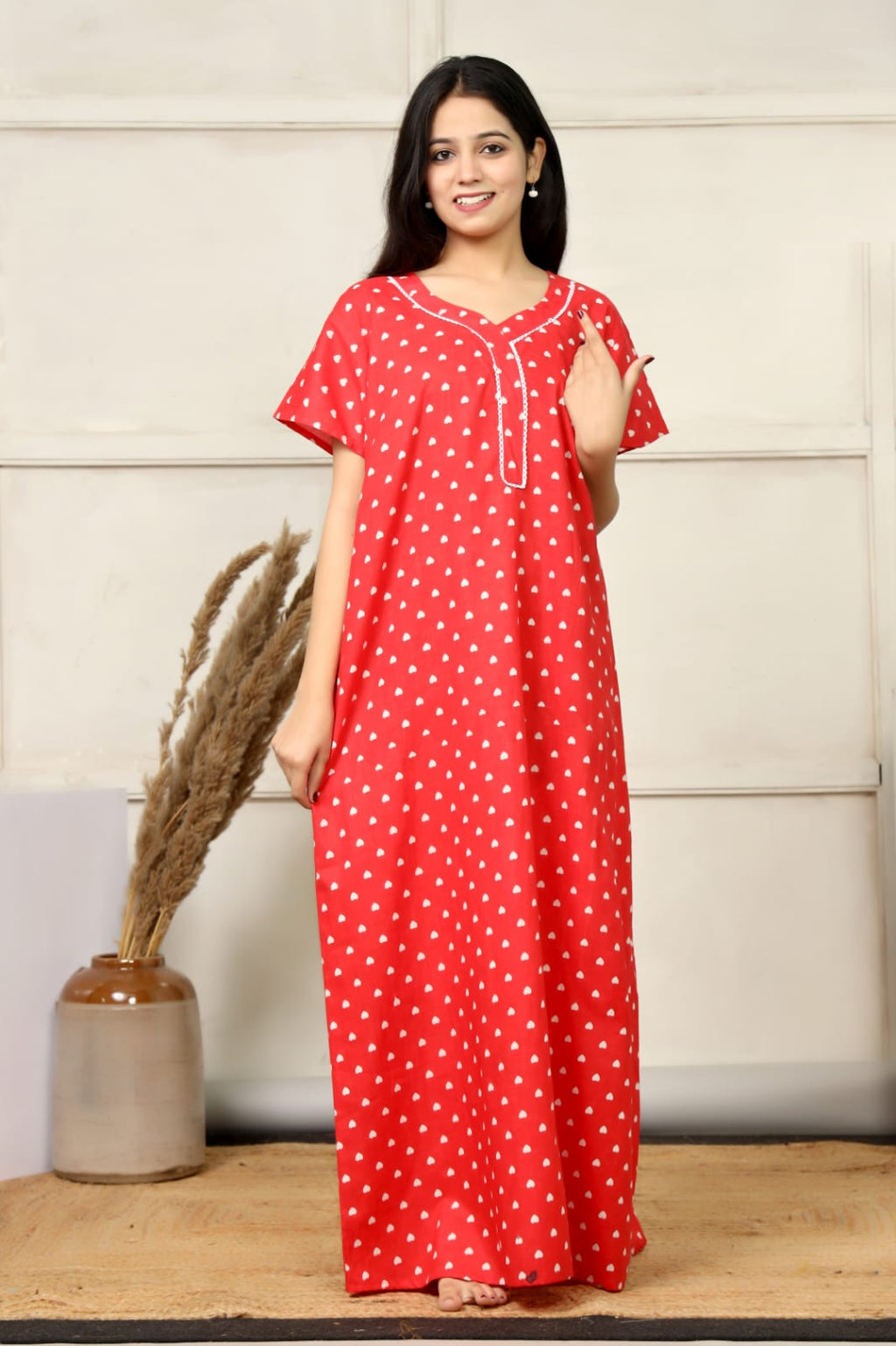 Red Cotton Printed Full Length Night Gown