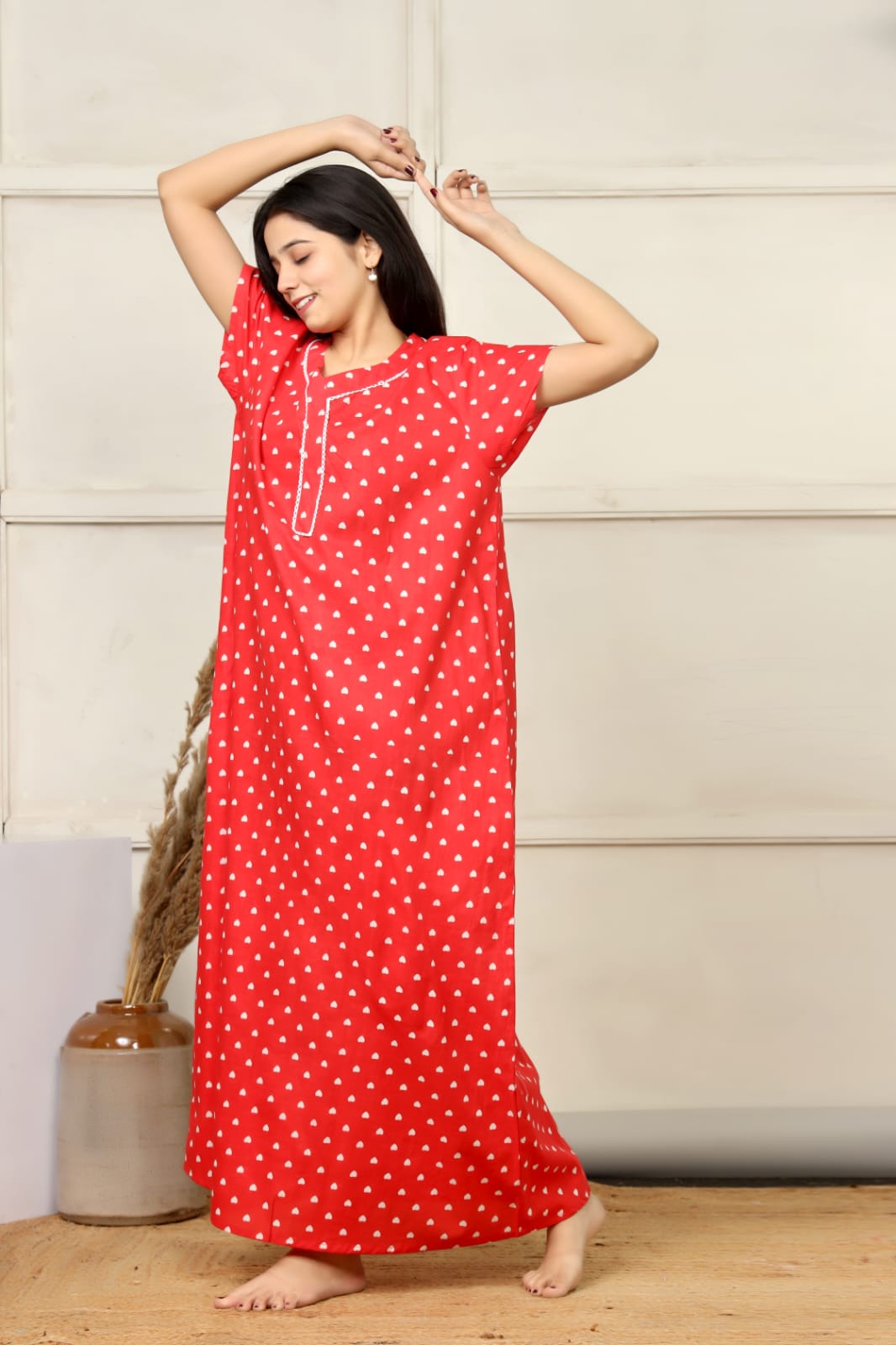 Red Cotton Printed Full Length Night Gown