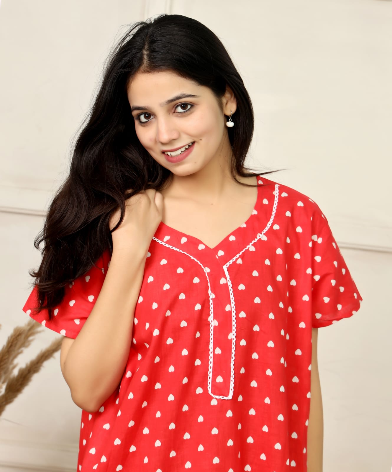 Red Cotton Printed Full Length Night Gown