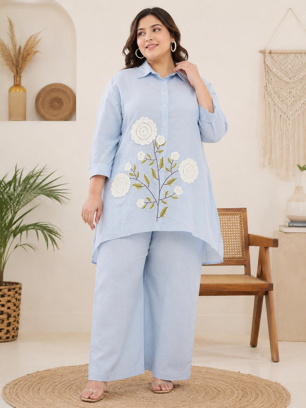 Sky Blue Floral Embroidered Co-ord Set