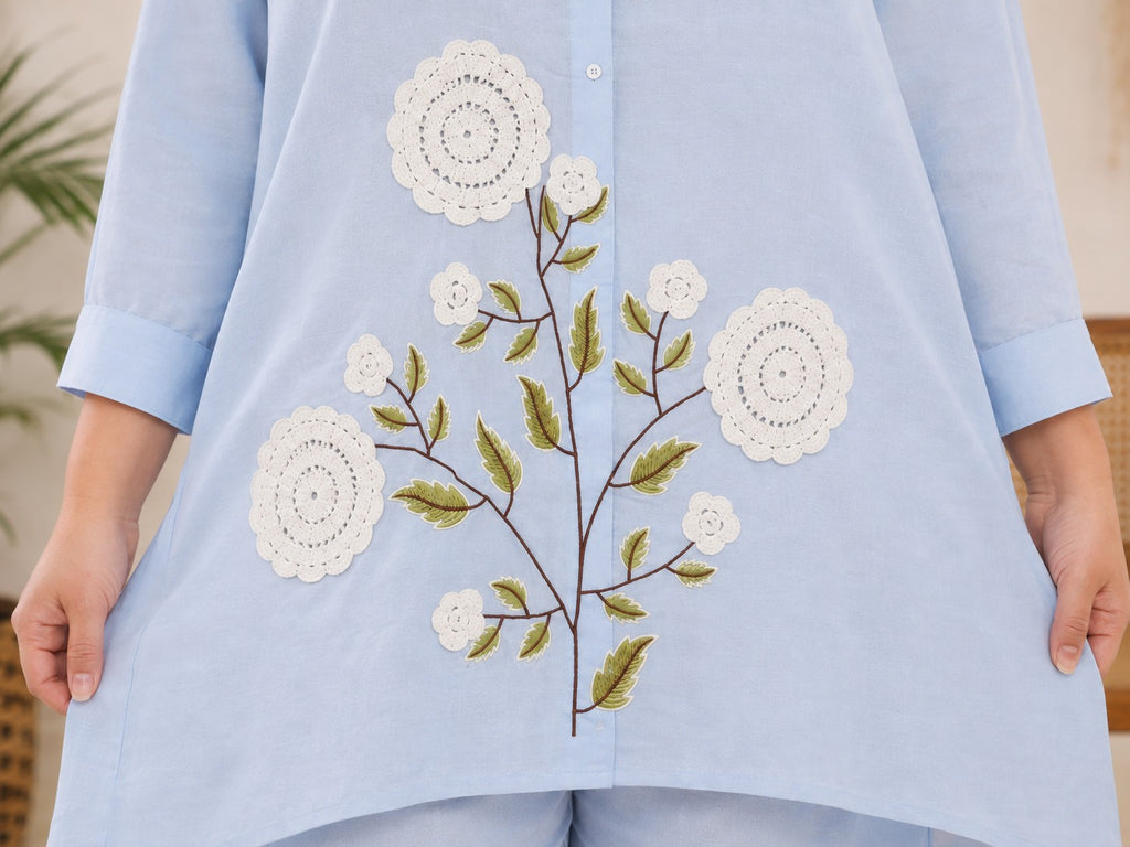 Sky Blue Floral Embroidered Co-ord Set