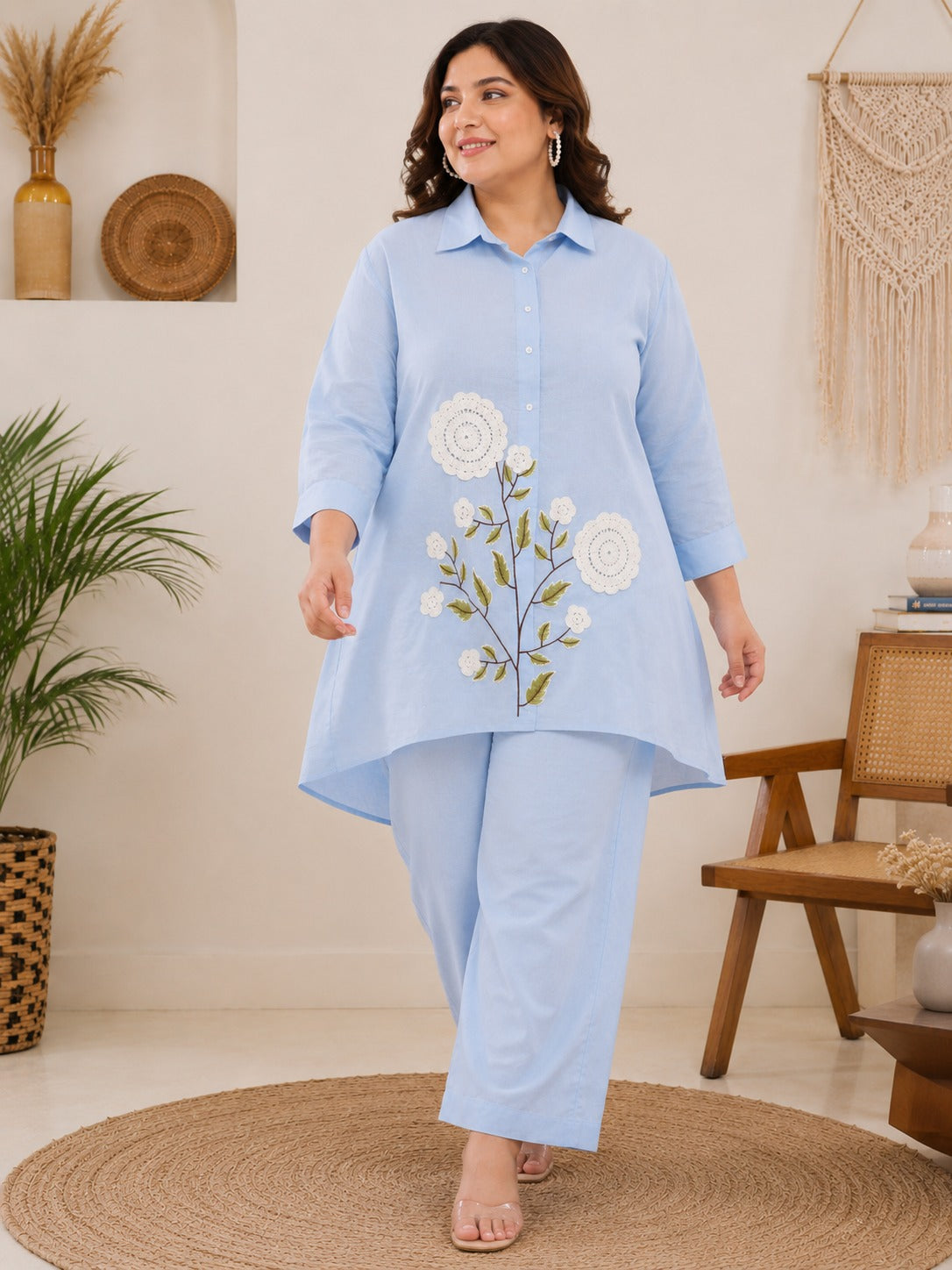 Sky Blue Floral Embroidered Co-ord Set